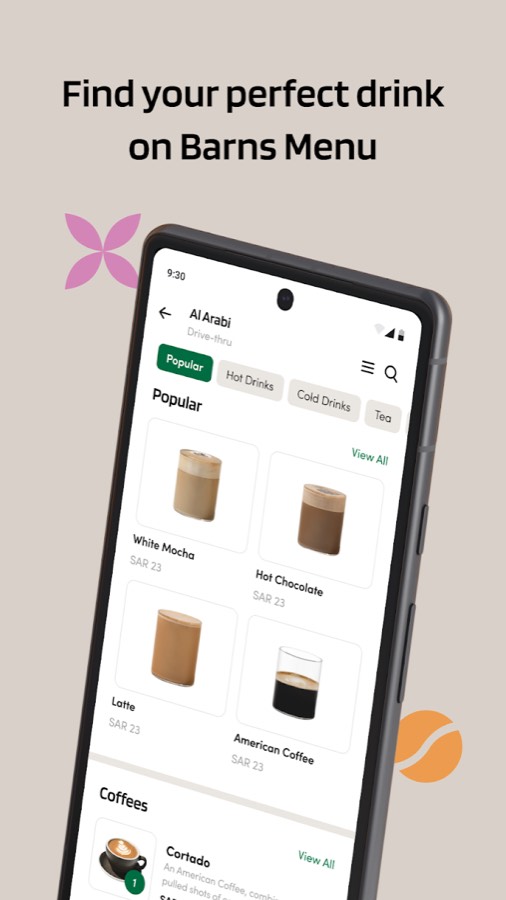Barns app menu with drink categories and prices in SAR