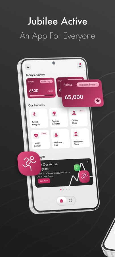 Jubilee Active dashboard with daily steps and reward points